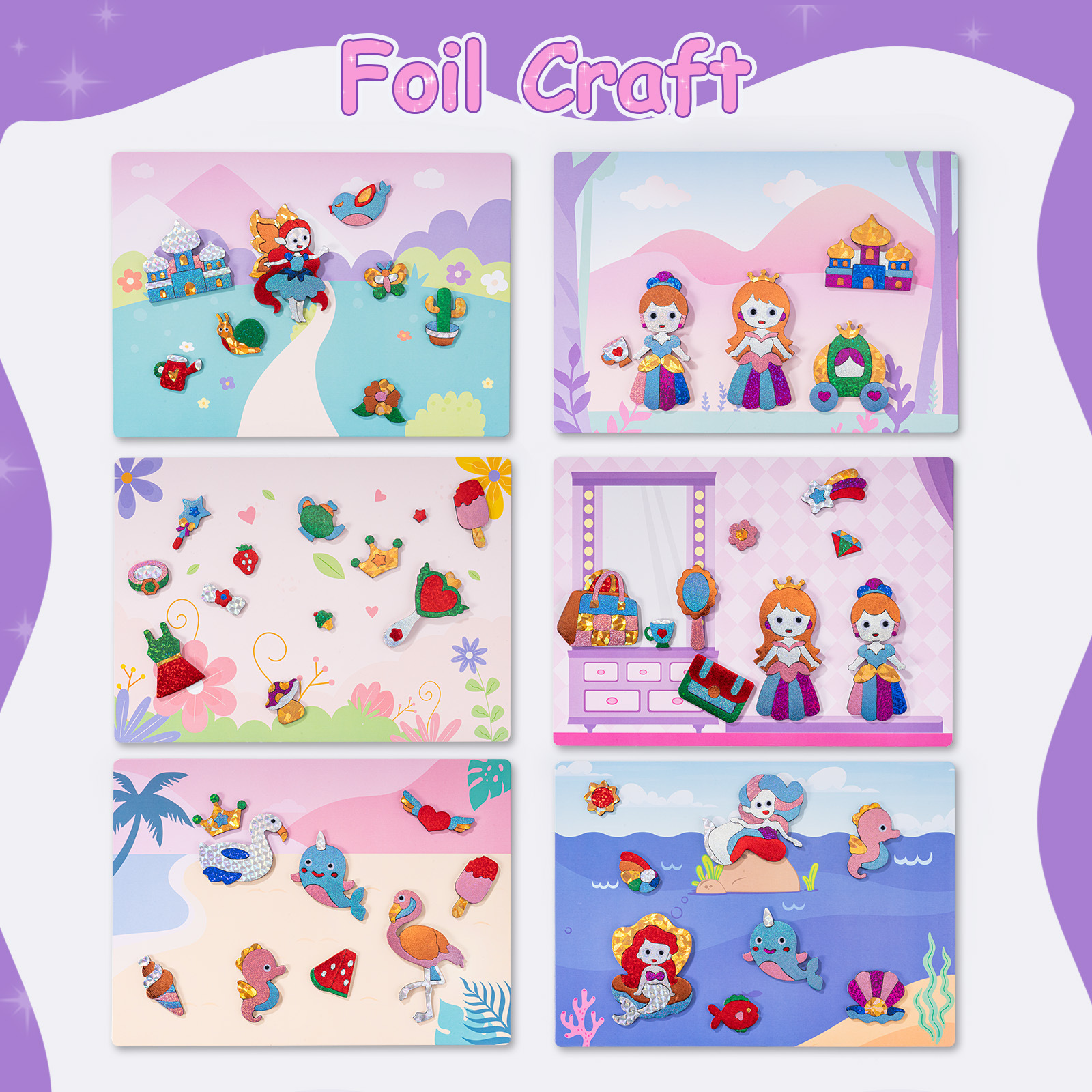 Innovative DIY Princesses Foil Art Stickers Kit Creative Paste Toys for Kids Paint Decorate Cards Easy-to-Use Creative Activity