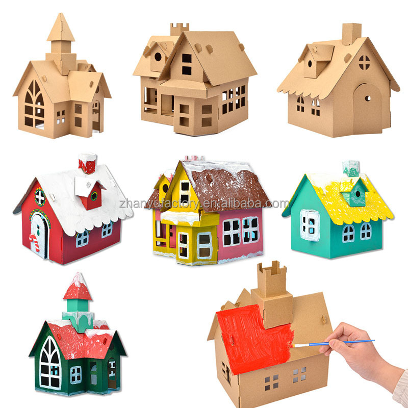 Coloring Craft Kit Assembly 3D Paper Play House Handmade DIY Graffiti Painting Cardboard House for Kids