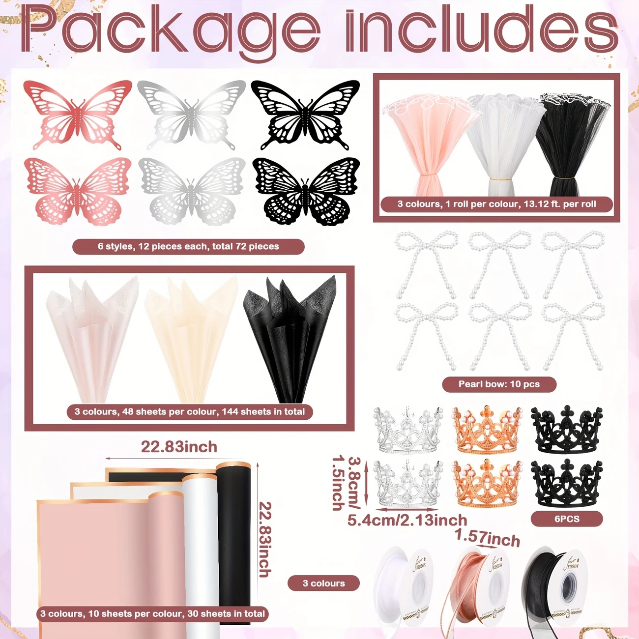 368 Pcs Florist DIY Craft Wedding Supplies Kit 3D Butterfly Pin Ribbon Bow Crown Flower Bouquet Accessories 368pcs Paper