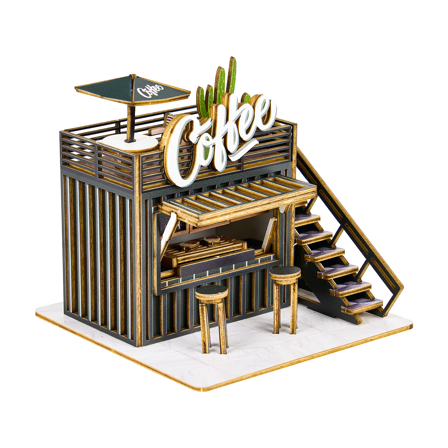 Wincent Factory UV Print Wood Mini Coffee Shop Models DIY Miniature Doll House Building Model Kits Sets
