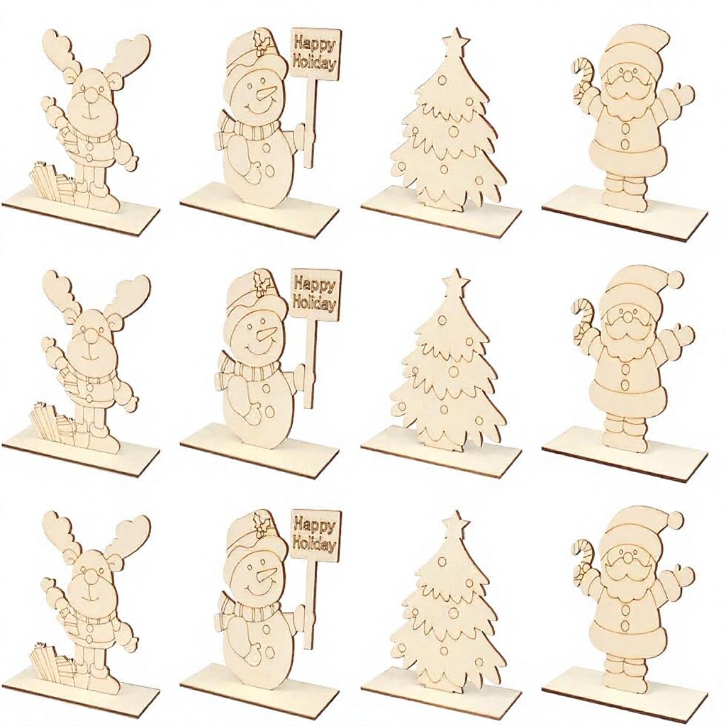Christmas Wooden Craft Kit DIY Paint Your Own Santa Snowman Reindeer Tree Tabletop Decoration Set Smooth Laser Cut Surface for