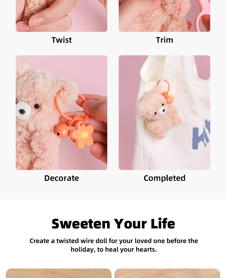 Exclusive New Handmade Cartoon Style DIY Soft Velvet Bear Pendant Set Educational Textile Fabric Crafts Kit Doll Twist Stick