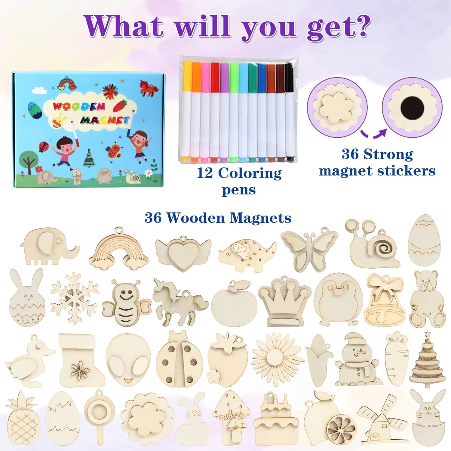 DIY Wooden Magnets, 36 PCS Wooden Art Craft Supplies Painting Kit for Party Favors for Boys