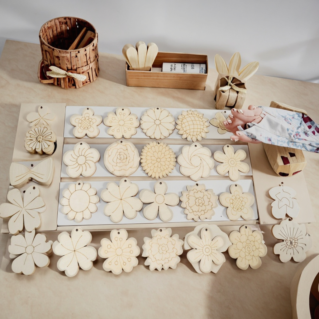 Wholesale Eco-Friendly DIY Craft Kit for Kids Cartoon Wooden Flower Wood Pieces for Educational Engraving Art Projects Gift