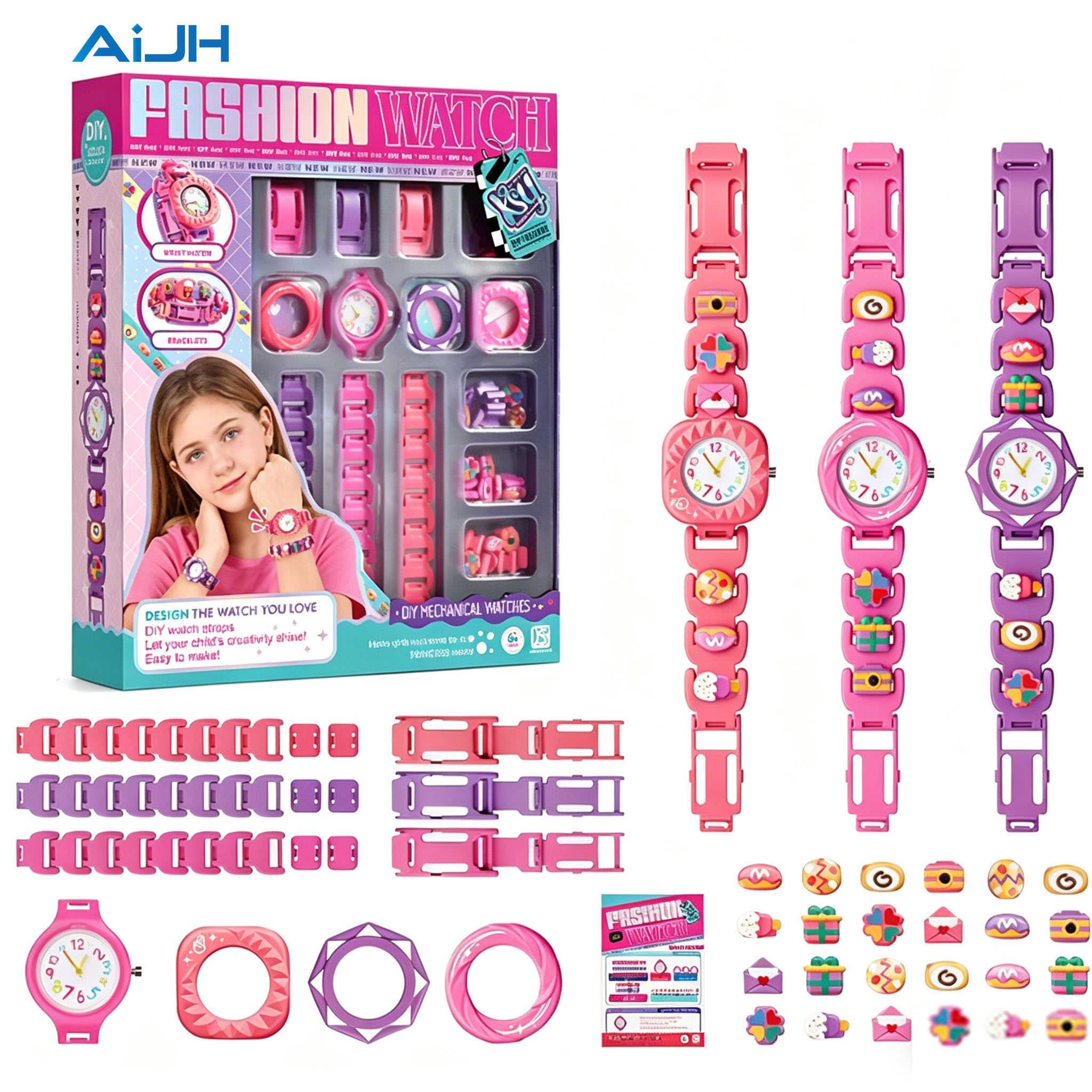 AiJH Creative Watch Craft Kit Fashion Watch DIY Set With Colorful Charms Adjustable Straps Activity Wholesale Jewelry Kids Toys