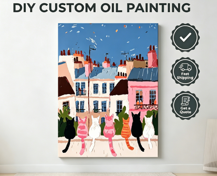 Songwoo Cute Seven Cats on Paris Balcony Digital Painting Kit Pastel French Town Building Scenery DIY Acrylic Paint by Numbers