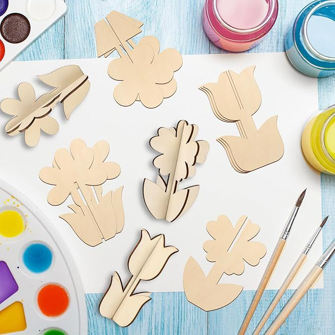 Blosssound 24-Piece Eco-Friendly Indoor Christmas Craft Set 3D Wood Tree Cutouts 12 Colored Markers Unfinished Slices DIY