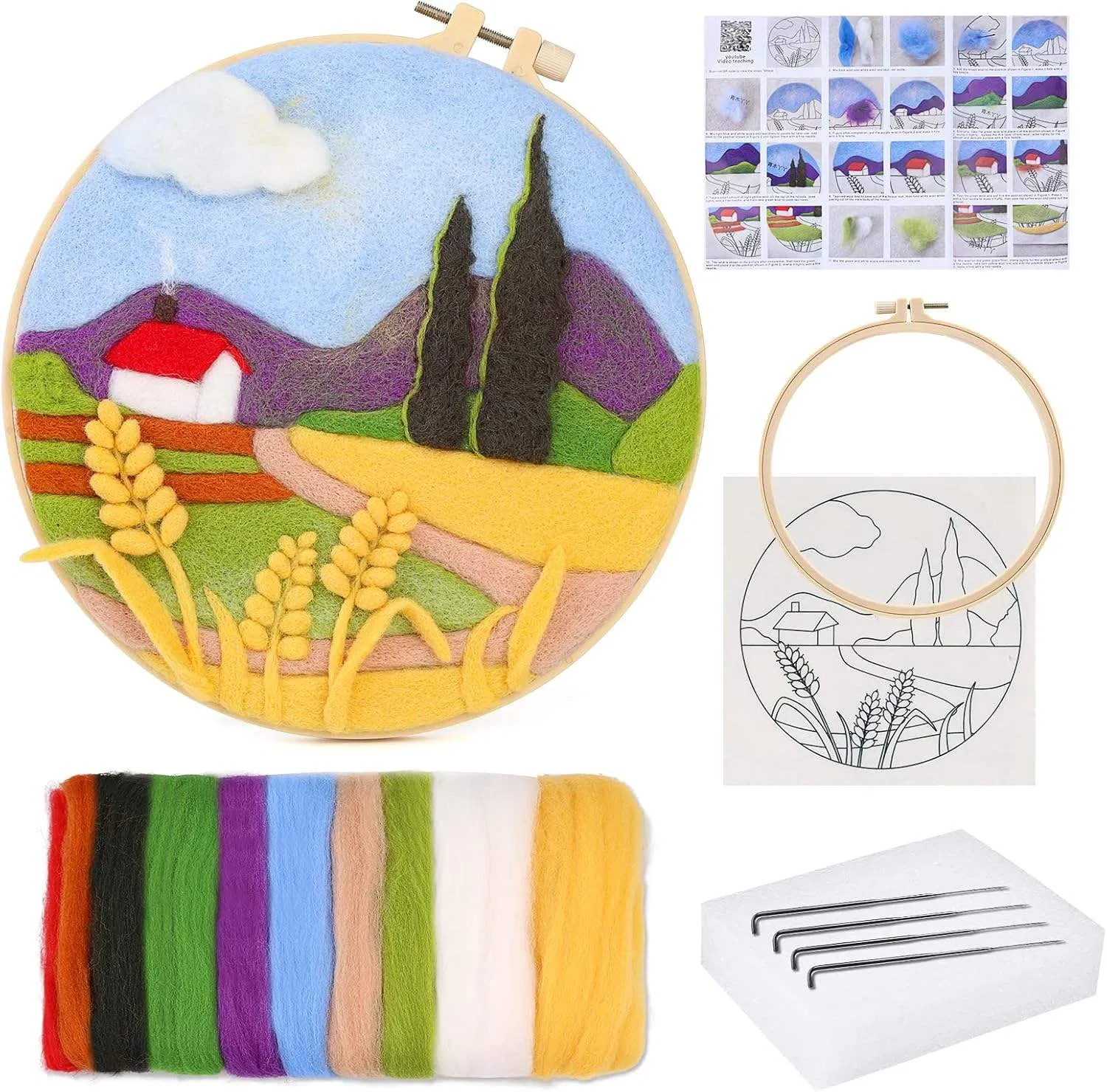 DIY Wool Needle Felt Painting Embroidery Kit Farm Pattern Canvas Support Base for Beginners