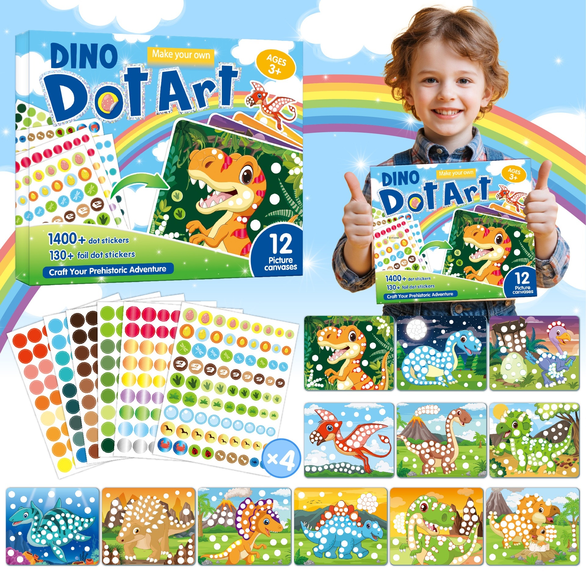 Dot Art 1400 Piece DIY Sticker Set Dinosaur Inspired Handicraft Kit for Kids Creative Paper Activity Set Printing