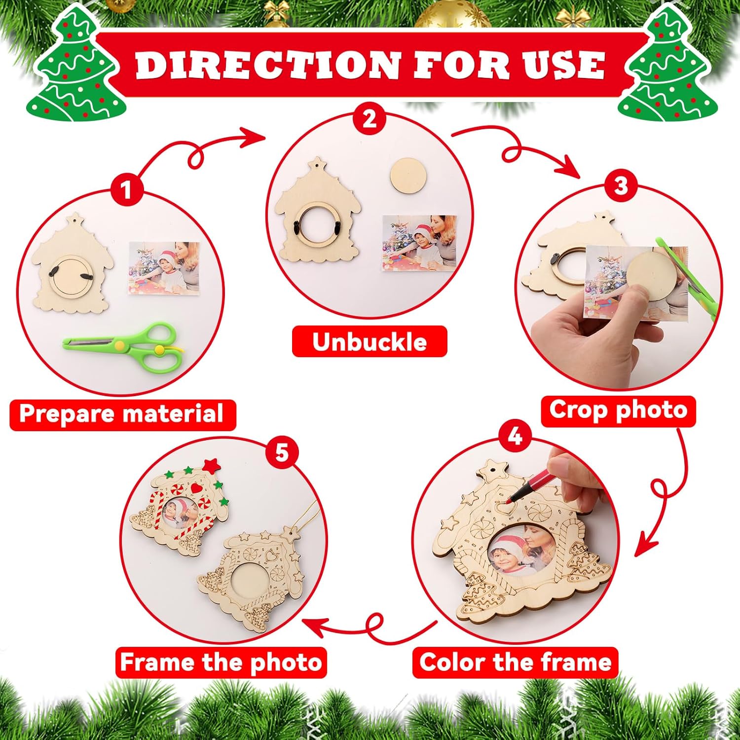 27Pcs Wood Christmas Picture Frame Ornament Bulk Coloring Own Gingerbread House Photo Frame Craft Kits DIY for Christmas Tree