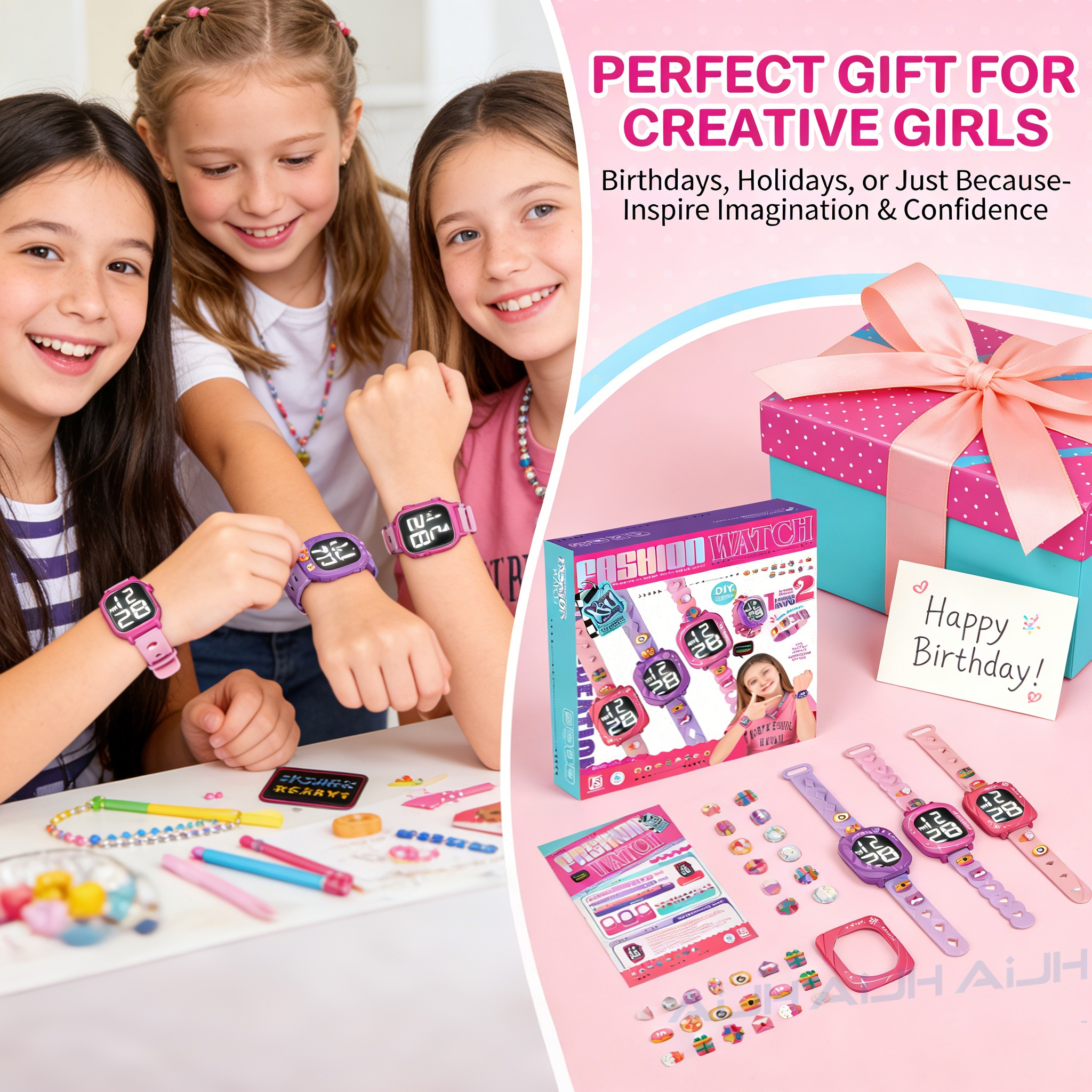 AiJH Creative Watch Craft Kit Fashion Watch DIY Set With Colorful Charms Adjustable Straps Activity Wholesale Jewelry Kids Toys