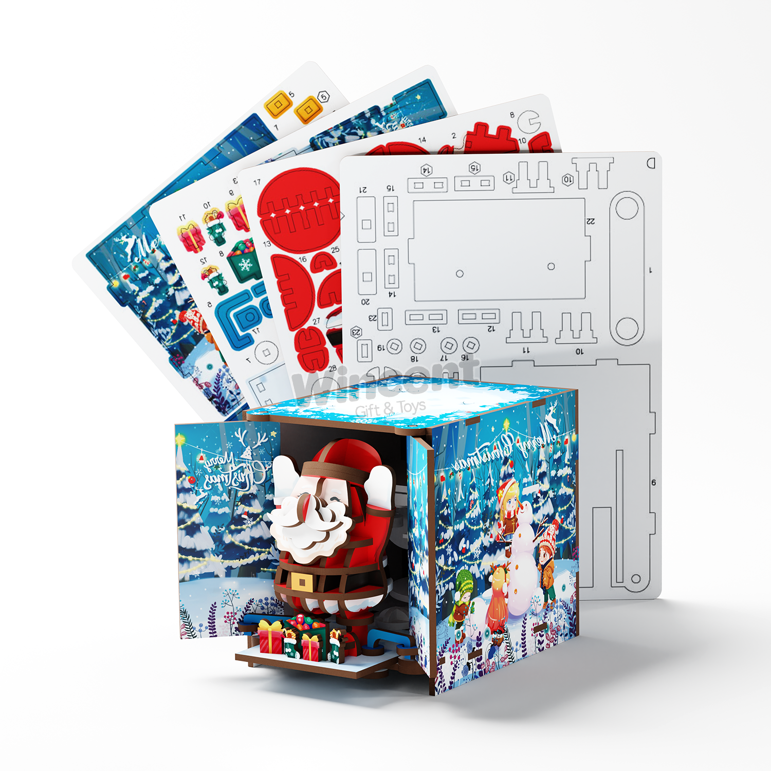Wincent Christmas Santa Claus 3D Wooden Puzzle Music Box DIY Model Kit Assembly Toy Kids Adult Xmas Gift Home Decoration