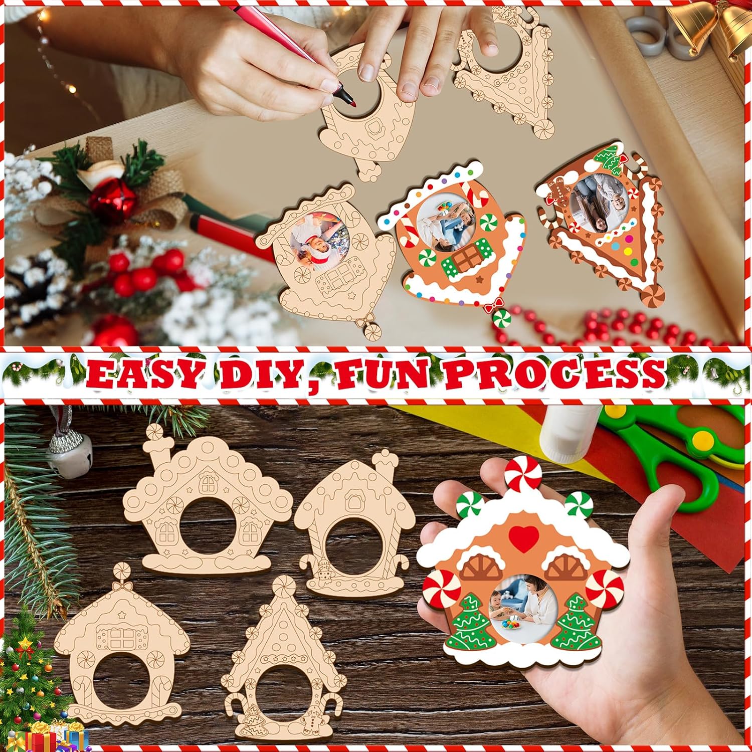 27Pcs Wood Christmas Picture Frame Ornament Bulk Coloring Own Gingerbread House Photo Frame Craft Kits DIY for Christmas Tree