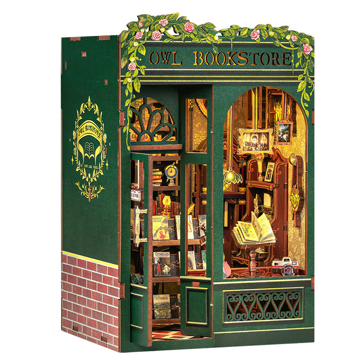 Library Book Nook Kit DIY 3D Wooden Puzzle Bookend LED Light Miniature Doll House Tabletop Graduation Wood Crafts