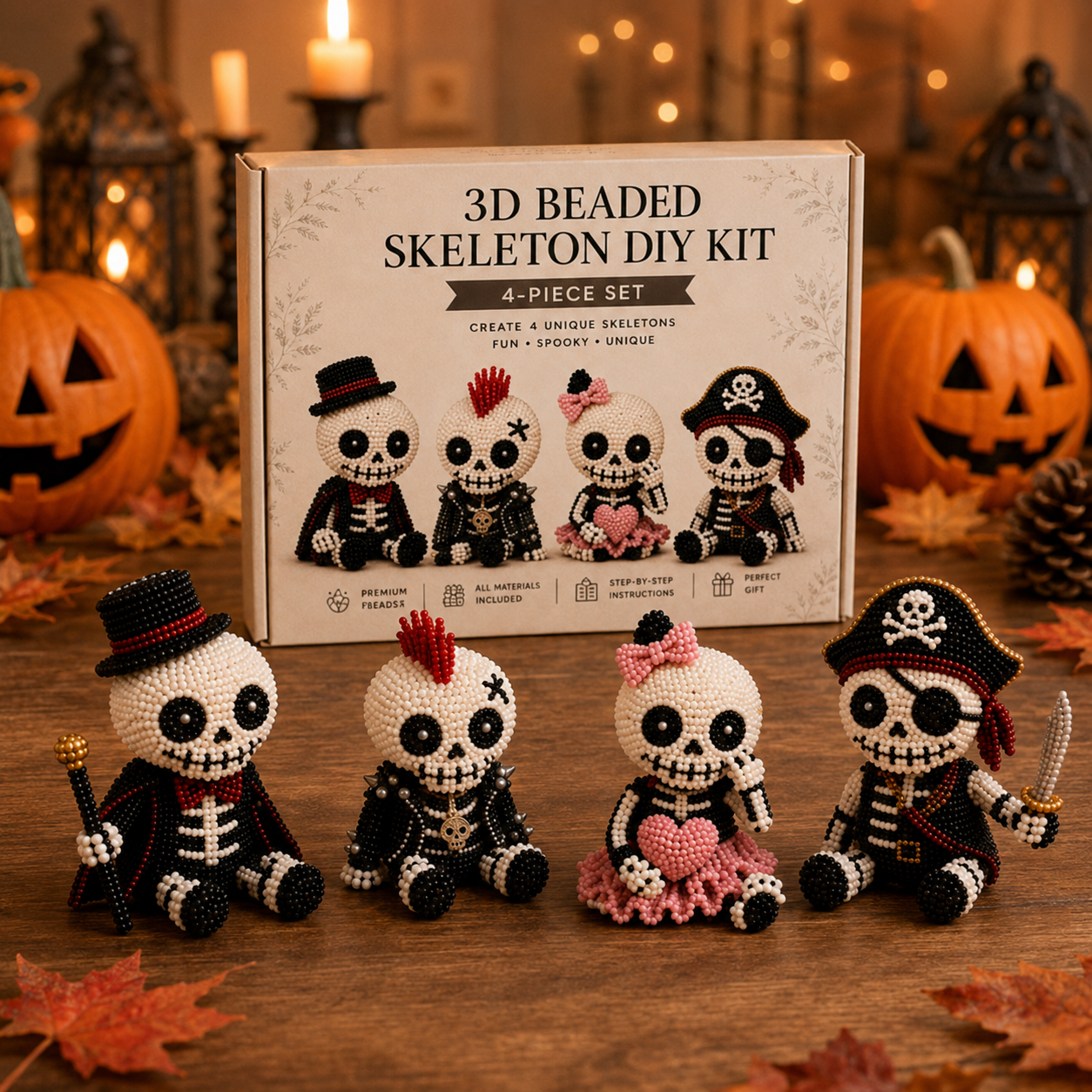 Halloween Bead Art DIY Kit 4-Piece Cute Character Craft Set for Holiday Decoration