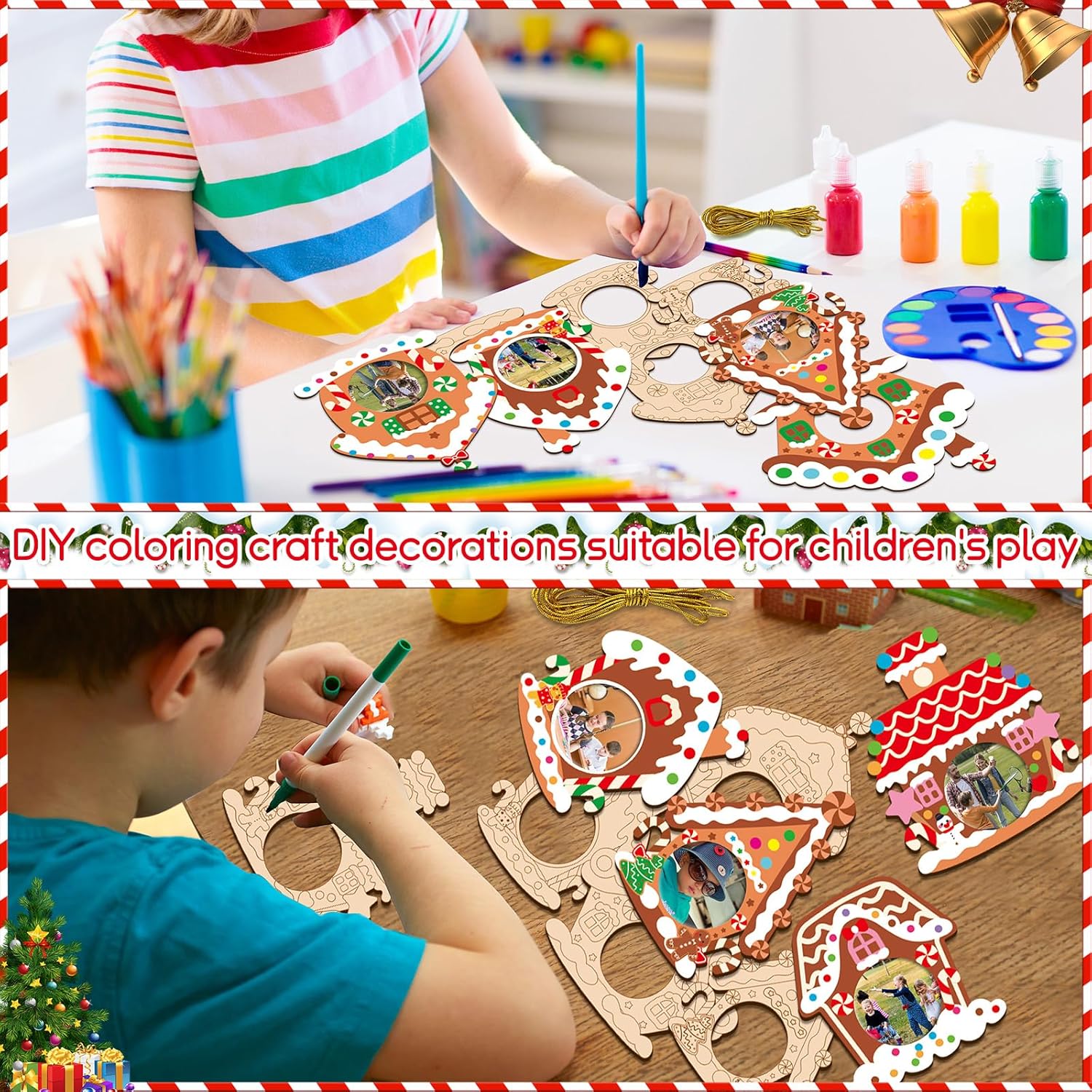 27Pcs Wood Christmas Picture Frame Ornament Bulk Coloring Own Gingerbread House Photo Frame Craft Kits DIY for Christmas Tree