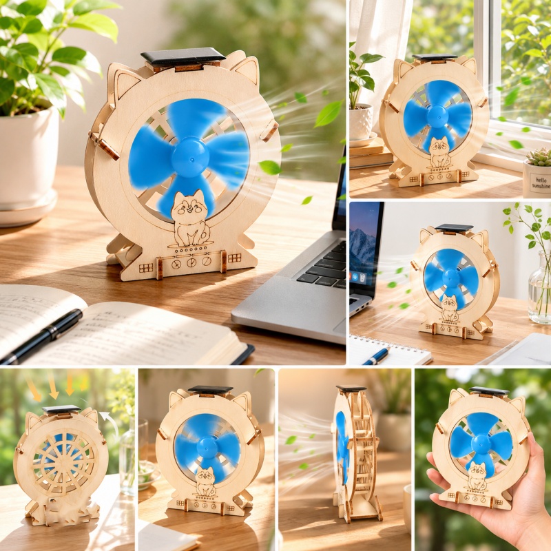 OKYN-G6795 DIY Solar Powered Wooden Fan Craft Kit Educational Science Experiment STEM Activity Toy
