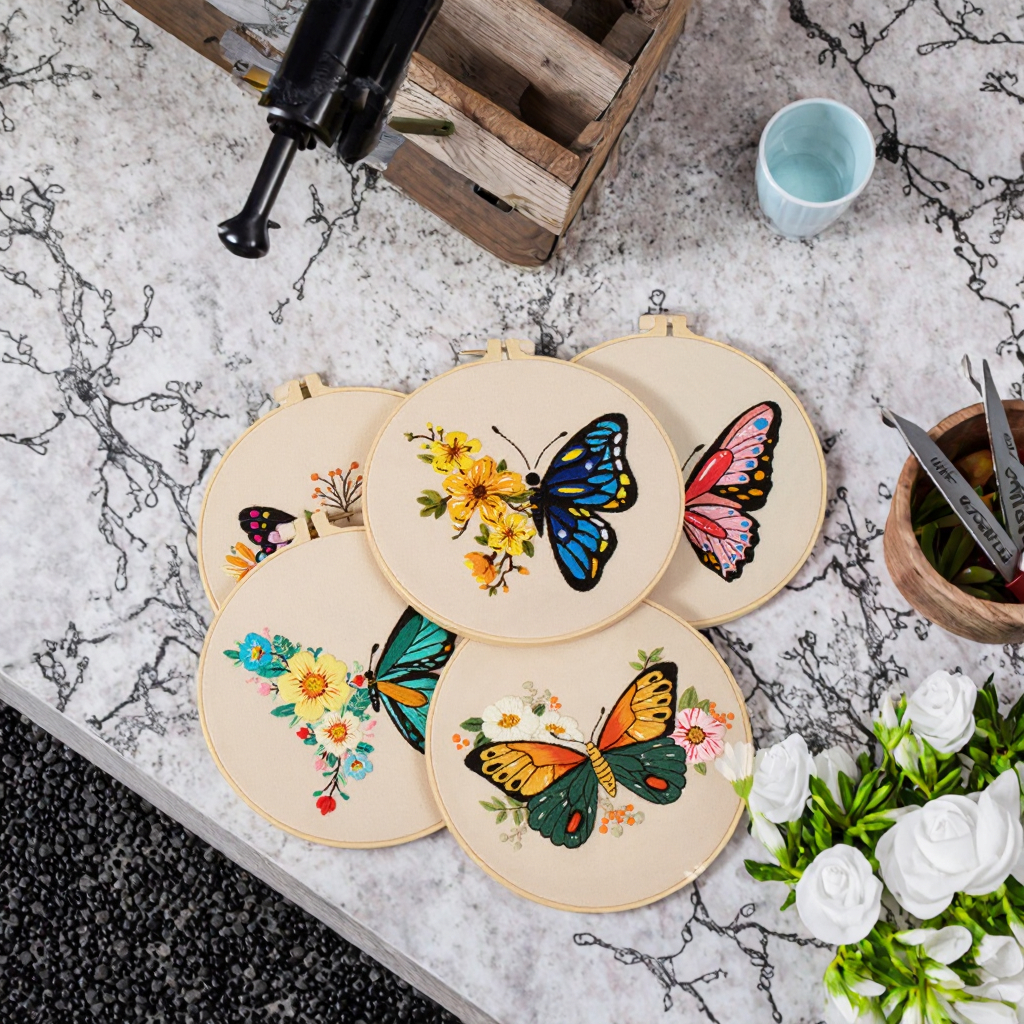 DIY Butterfly Flower Embroidery Kit for Adults Beginners-20x20cm Handmade Soft Cotton Stitch Practice Craft Set for Home Decor