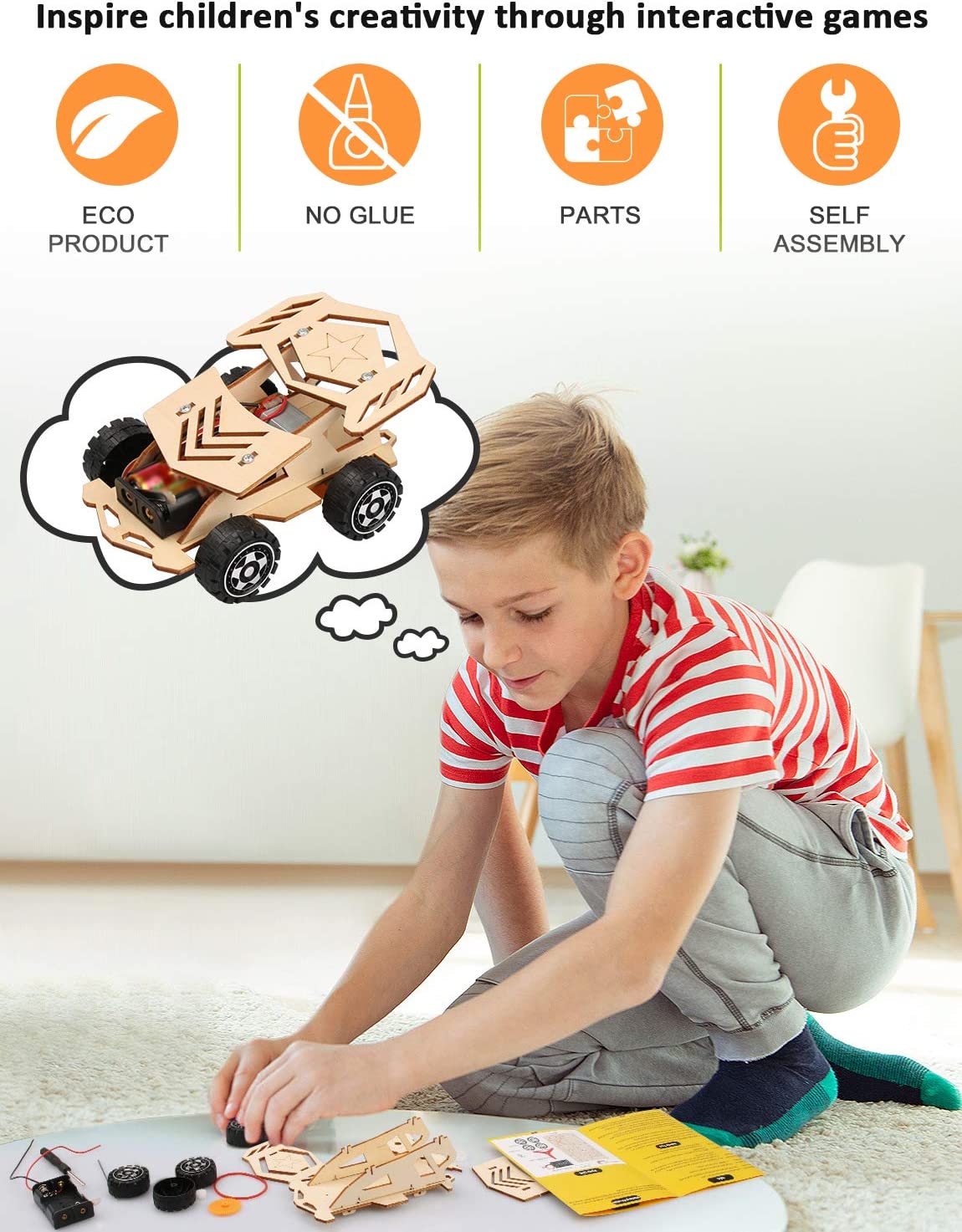 Kids 5 in 1 DIY Handmade STEM Toys Wooden Model Car Kit 3D Puzzle Science Experiments Educational Building Gift for Children