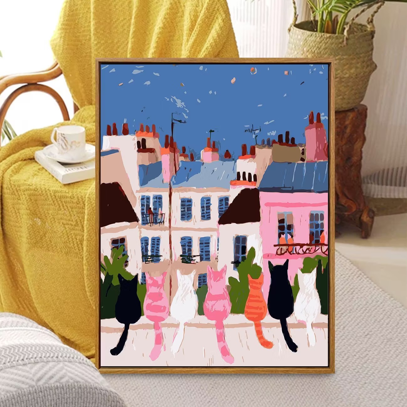 Songwoo Cute Seven Cats on Paris Balcony Digital Painting Kit Pastel French Town Building Scenery DIY Acrylic Paint by Numbers