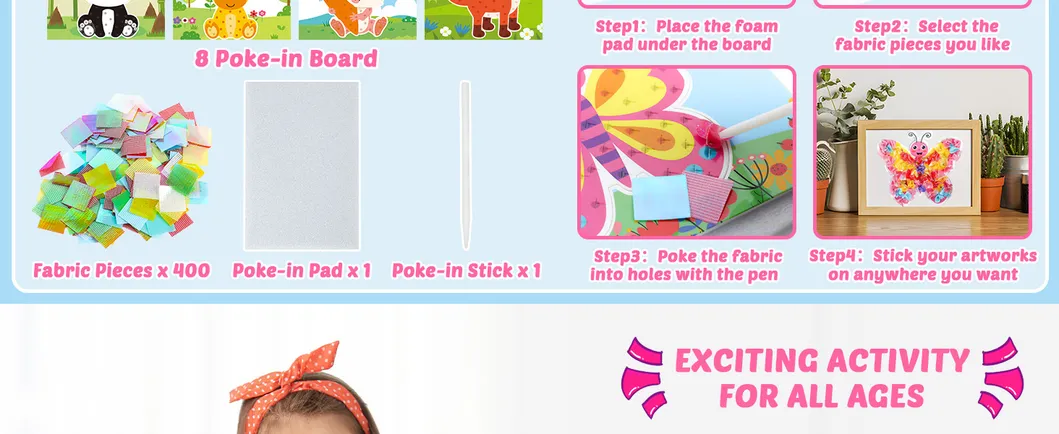 Poke-in Craft and Art Kit for Kids Animal Theme No-Mess Fabric Sewing Art