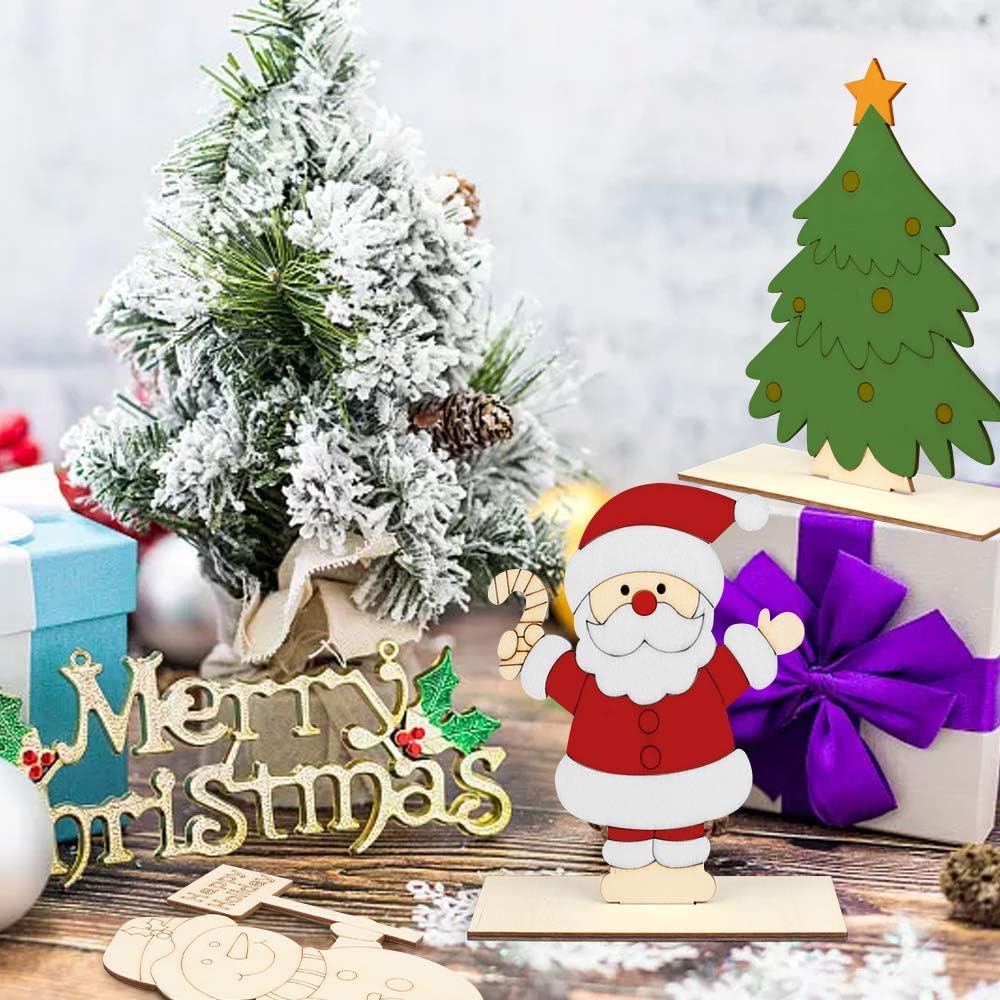 Christmas Wooden Craft Kit DIY Paint Your Own Santa Snowman Reindeer Tree Tabletop Decoration Set Smooth Laser Cut Surface for