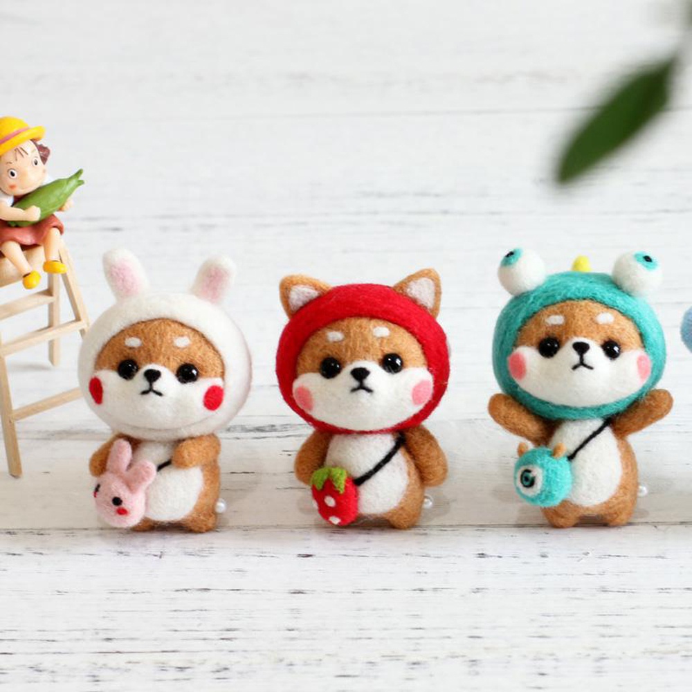 Wool Felt Shiba Inu Folk Art DIY Craft Set Handmade Soft Needlecraft Adorable 3D Felted Animals Holiday Gift Customizable Toys