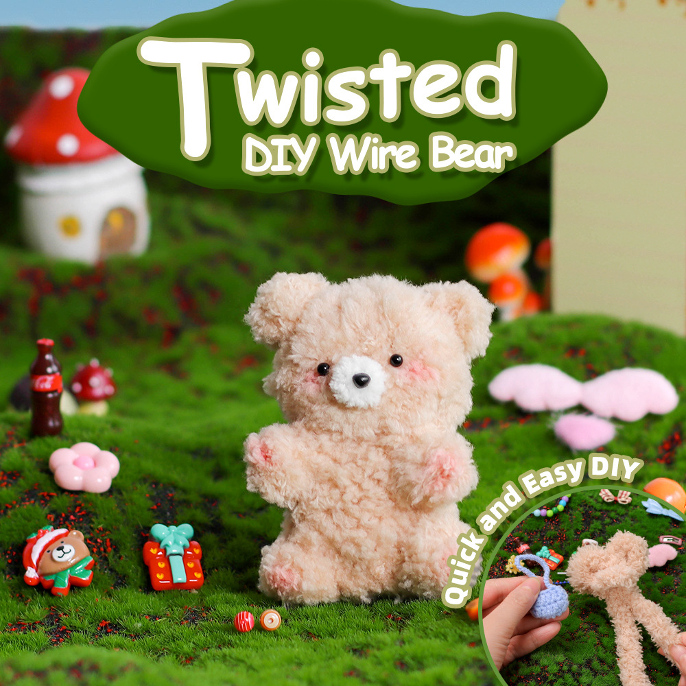 Exclusive New Handmade Cartoon Style DIY Soft Velvet Bear Pendant Set Educational Textile Fabric Crafts Kit Doll Twist Stick