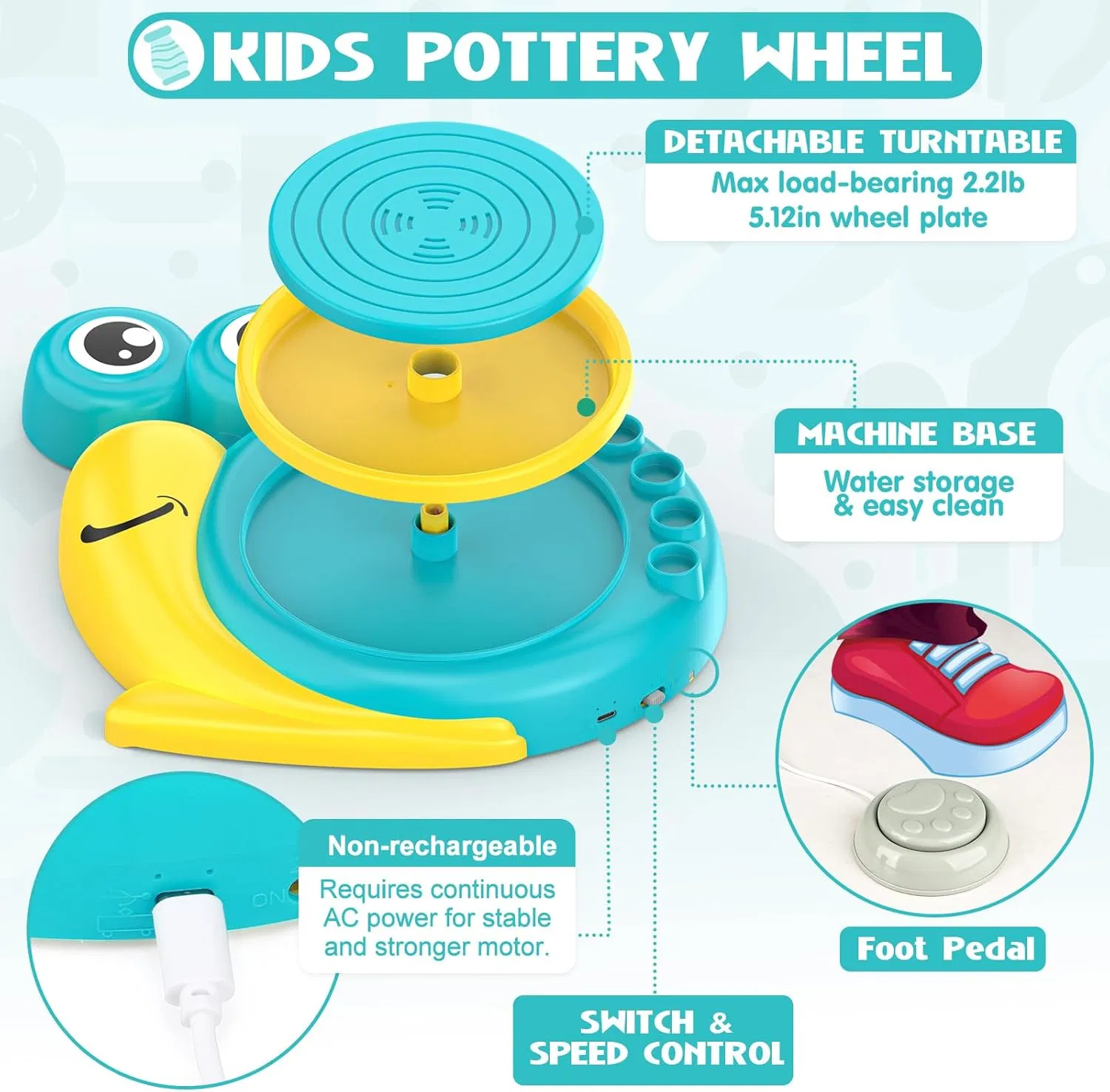 Kids Electric Pottery Wheel Machine Snail Shaped DIY Pottery Making Kit