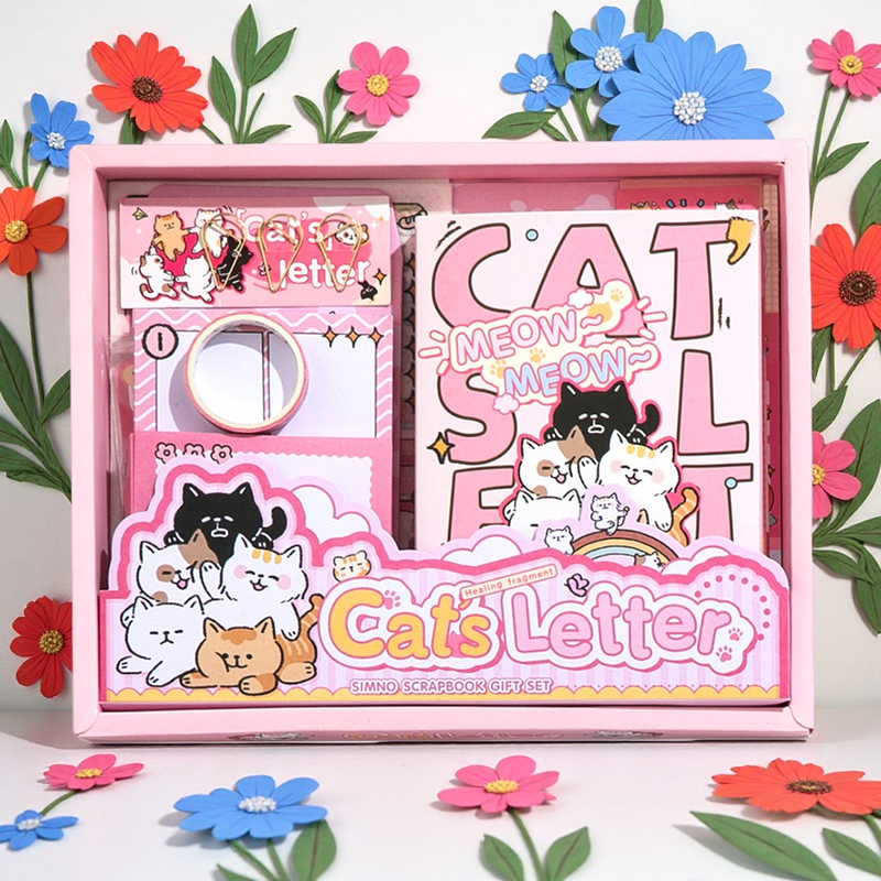 Cat Theme Cute Scrapbooking Kit A6 Grid Notebook Kawaii Stationery Set Journal Supplies Craft DIY Gift Girls New Year