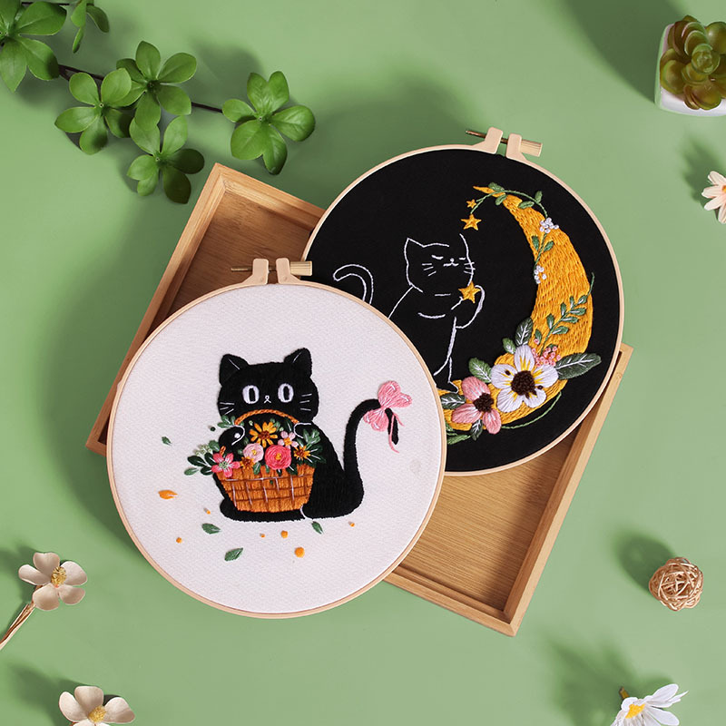 Cute Moonlit Black Cat Cotton DIY Embroidery Set Handmade Cross Stitch Kit for Beginners Home Decor Gift English Instruction