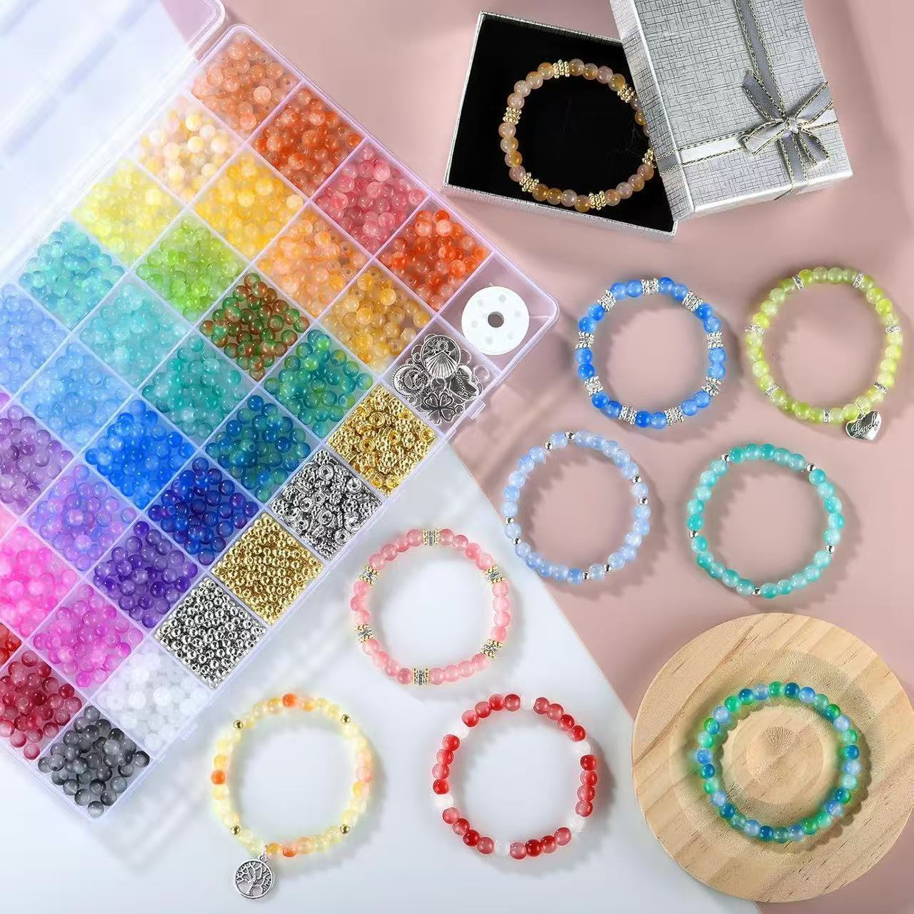 6mm 40-Grid 1435pcs Glass Bead Bracelet Making Kit, DIY Jewelry Accessories Craft Set