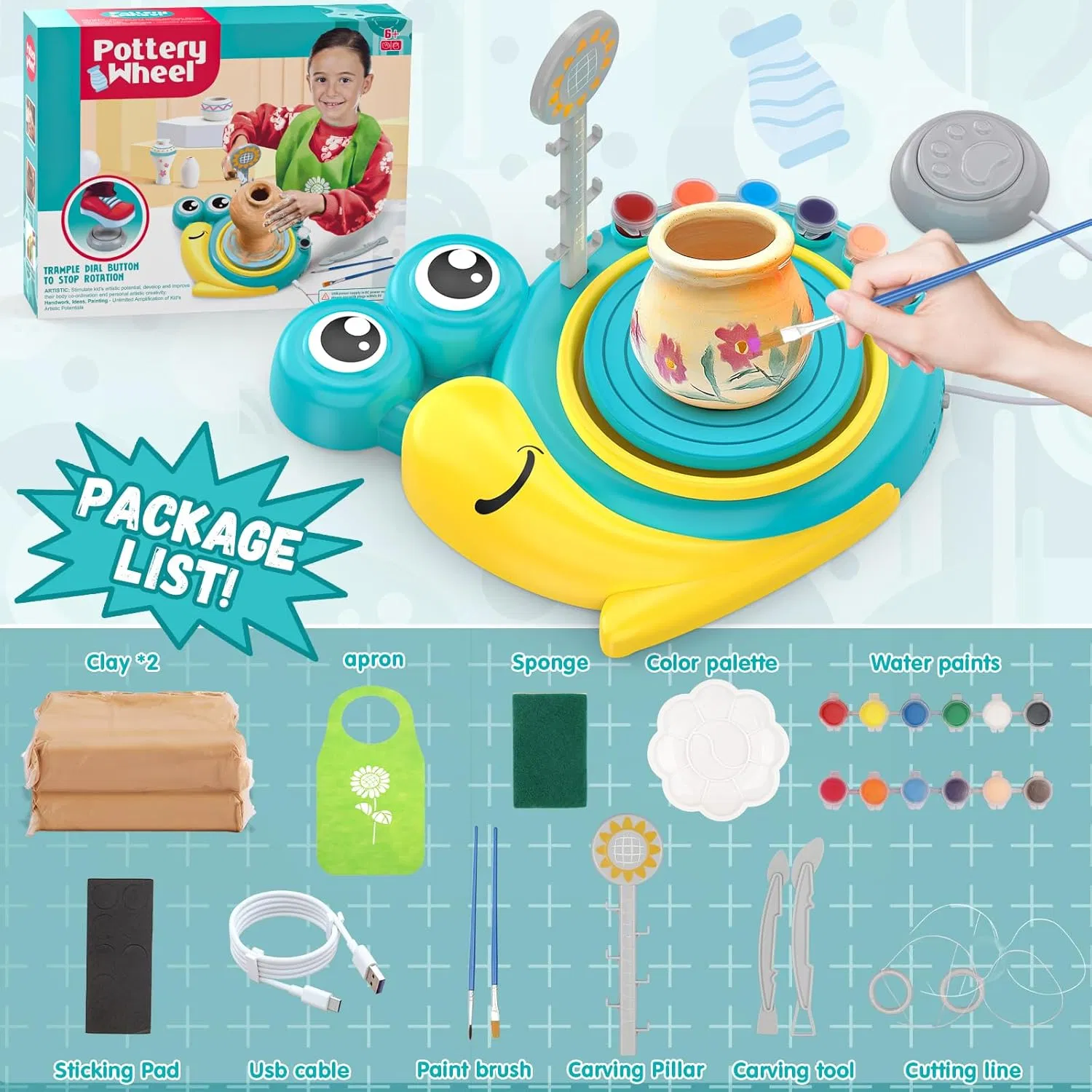 Kids Electric Pottery Wheel Machine Snail Shaped DIY Pottery Making Kit