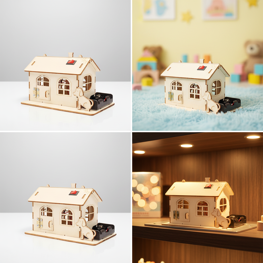 OKYN-G6758 Colorful Light-Up Wooden House DIY STEM Science Experiment Kit Educational Craft Toy for School and Home Learning