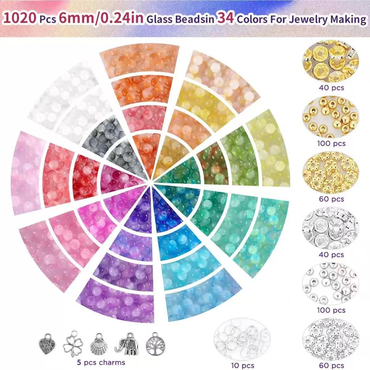 6mm 40-Grid 1435pcs Glass Bead Bracelet Making Kit, DIY Jewelry Accessories Craft Set