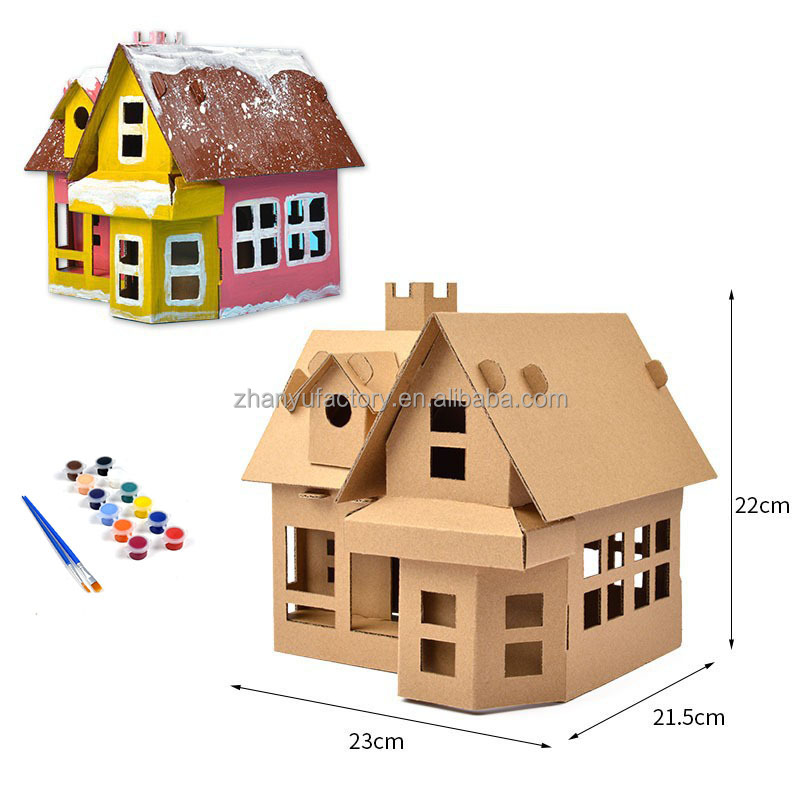 Coloring Craft Kit Assembly 3D Paper Play House Handmade DIY Graffiti Painting Cardboard House for Kids