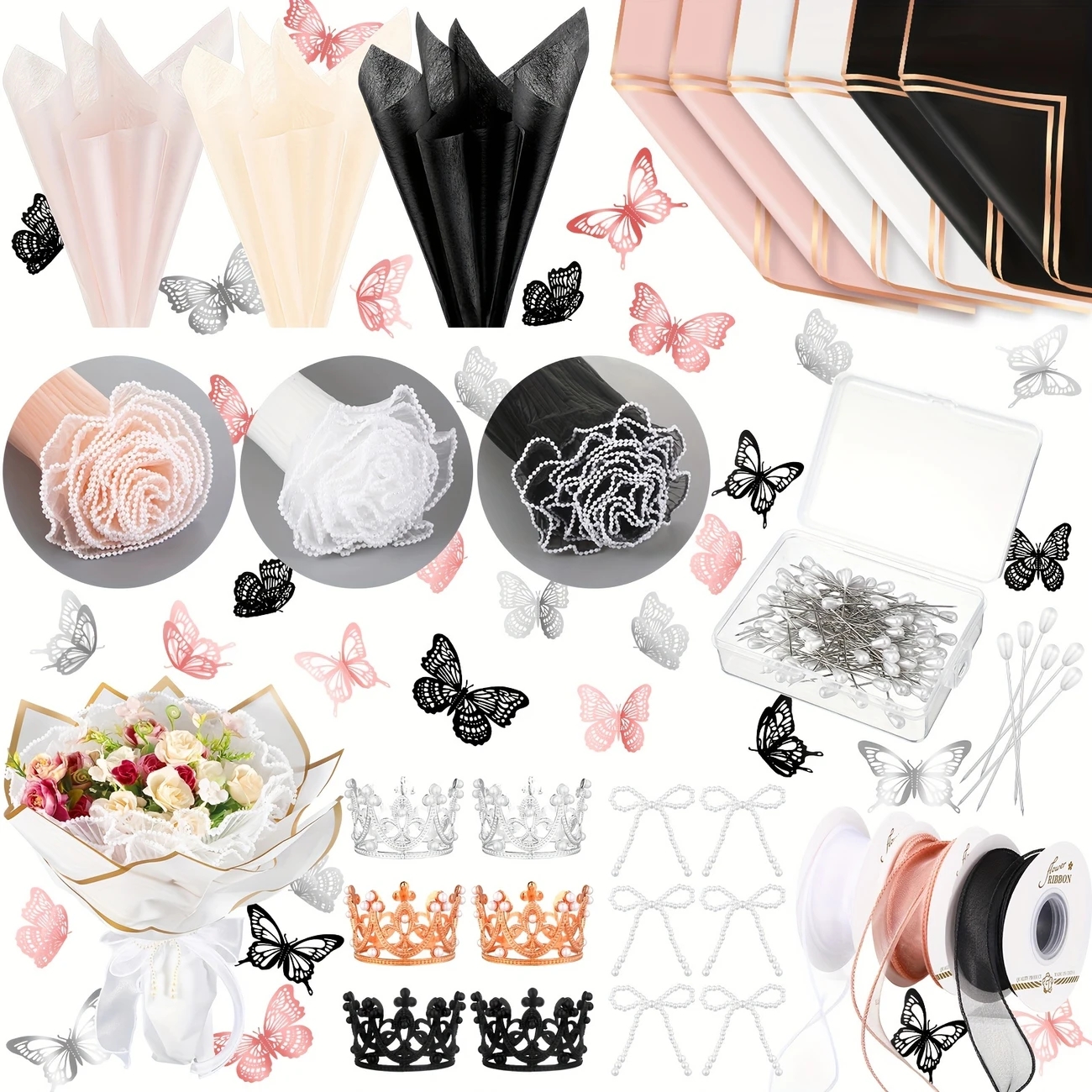 368 Pcs Florist DIY Craft Wedding Supplies Kit 3D Butterfly Pin Ribbon Bow Crown Flower Bouquet Accessories 368pcs Paper