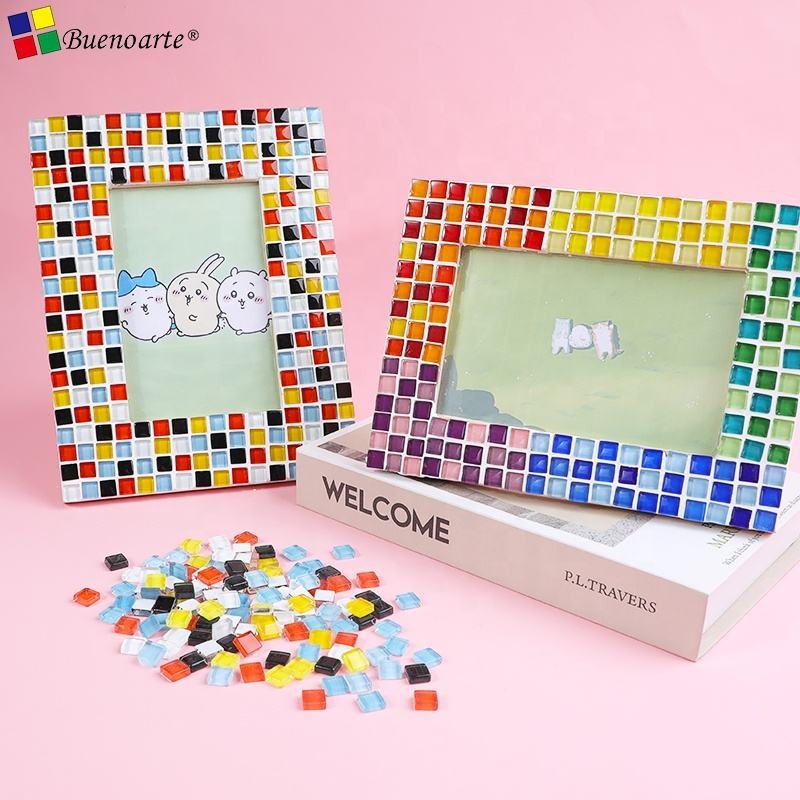 Buenoarte 6'' Colorful Handmade Durable Eco-Friendly Modern Wooden Photo Frame Craft Mosaic Art Kit Glass Mosaic Tiles Rectangle