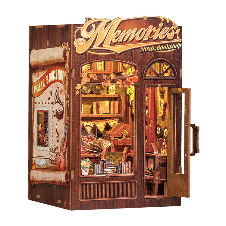 Library Book Nook Kit DIY 3D Wooden Puzzle Bookend LED Light Miniature Doll House Tabletop Graduation Wood Crafts