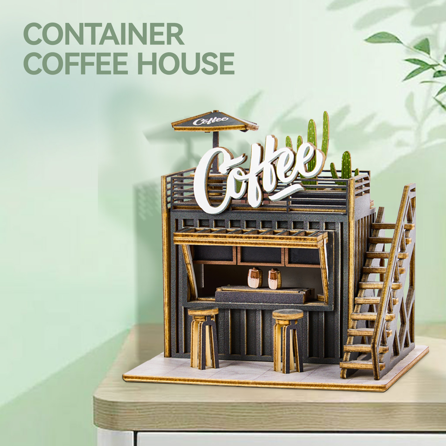 Wincent Factory UV Print Wood Mini Coffee Shop Models DIY Miniature Doll House Building Model Kits Sets