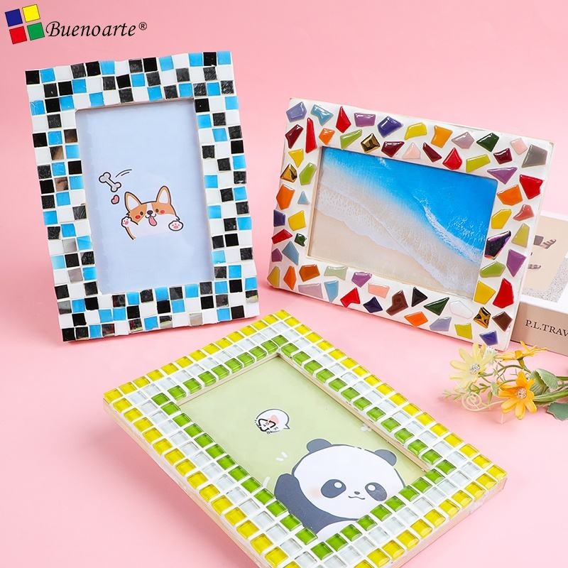 Buenoarte 6'' Colorful Handmade Durable Eco-Friendly Modern Wooden Photo Frame Craft Mosaic Art Kit Glass Mosaic Tiles Rectangle