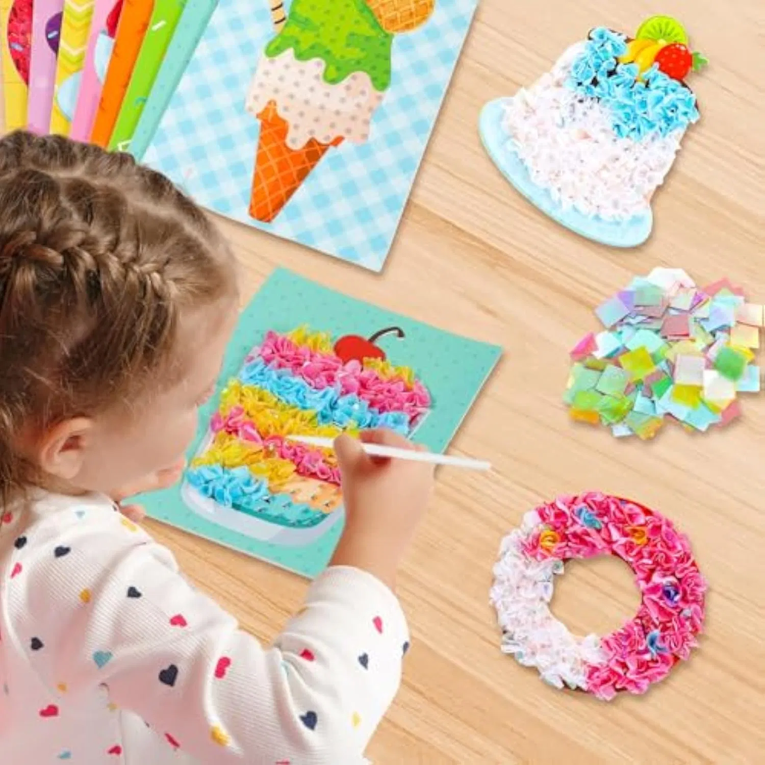 Poke-in Art Kit for Kid Dessert Cake Theme No-Mess Fabric Sewing Art