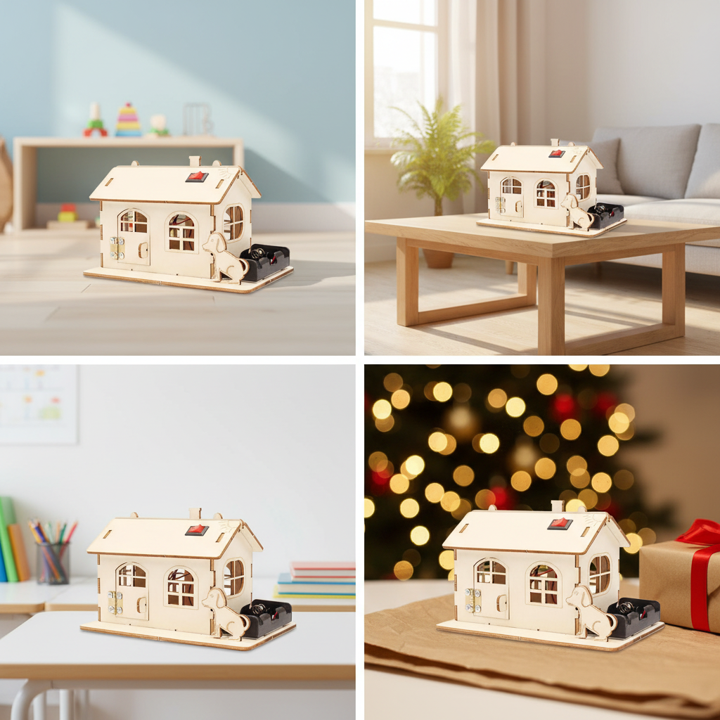 OKYN-G6758 Colorful Light-Up Wooden House DIY STEM Science Experiment Kit Educational Craft Toy for School and Home Learning