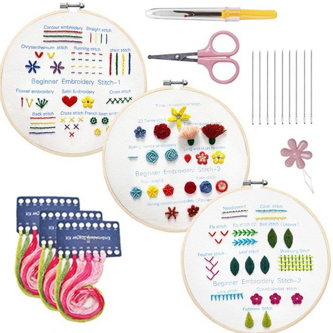 3 Pack Adults DIY Starter Art Craft Kit Basic Easy Punch Needle Embroidery Hoop Kits for Beginner