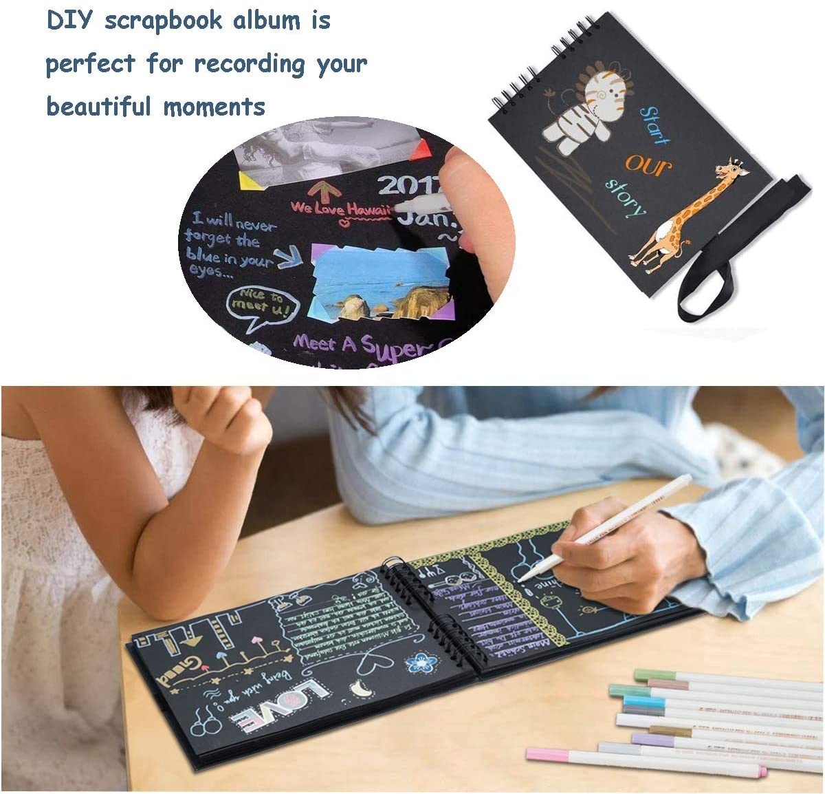 Blank Black/Craft Scrapbook Album Kit, Customized DIY Photo Albums with Corners and 2pc Metallic Pens for Guest, Gifts