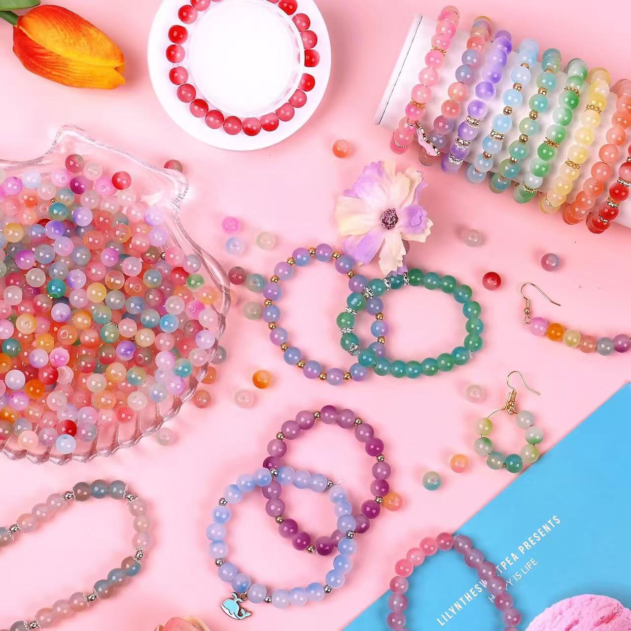 1700 Pieces 8mm 48 Colors Glass Beads Pretty Glitter Glass Beads Kits DIY Bracelets Adults Children's Jewelry Making Toys