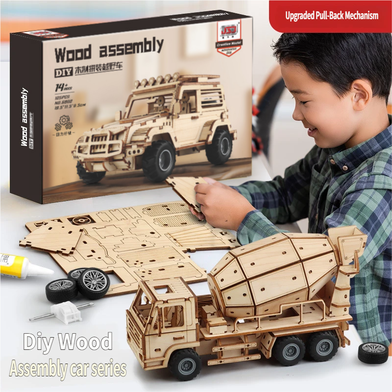 3D Stereoscopic Wooden Engineering Vehicle DIY Assembly Kit Kids Science Craft Model Ornament Educational Toy Gift Box