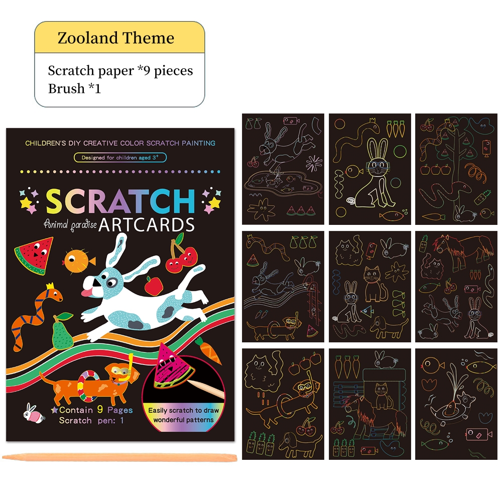 Zolland 9-Piece Black Scratch Art Paper Set Rainbow Magic Kids Craft Kit With Wooden Stylus for Drawing Toys and Education