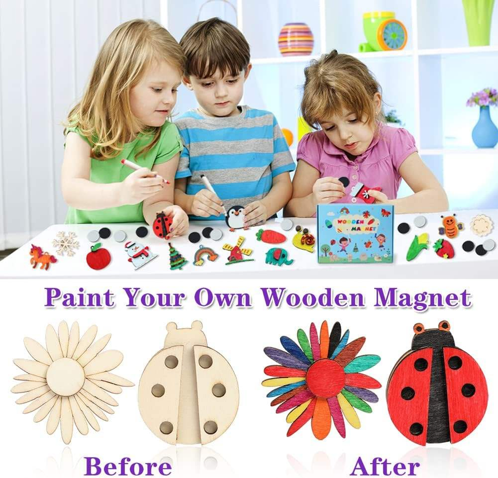 DIY Wooden Magnets, 36 PCS Wooden Art Craft Supplies Painting Kit for Party Favors for Boys