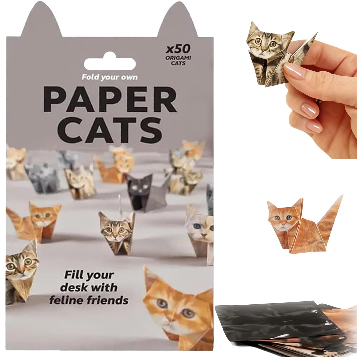 DIY Origami Paper Cats Kit, 50 Sheets Pre-Printed with Cat Designs Fun Craft Activity for Adults, Creative Desk Decor and Gift